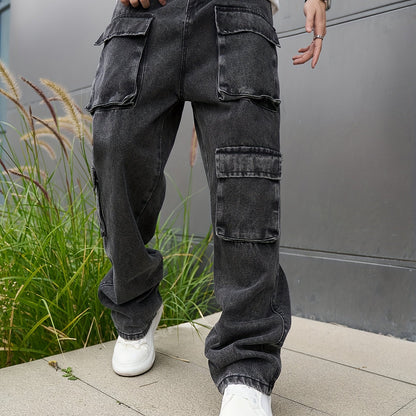 Mens Casual Loose Cargo Jeans - Solid Cotton Blend with Adjustable Drawstring & Multiple Pockets - All Seasons, Rugged for Outdoor, Leisure, and Work Wear