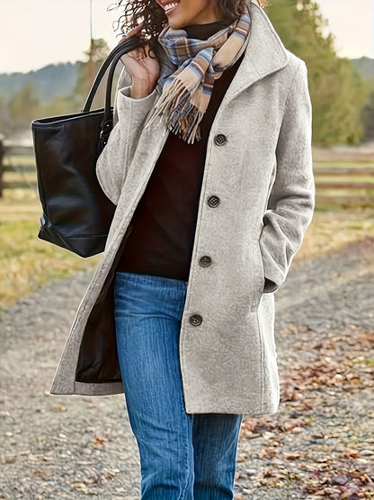 Solid Single Breasted Coat, Casual Long Sleeve Fall & Winter Outerwear, Women's Clothing