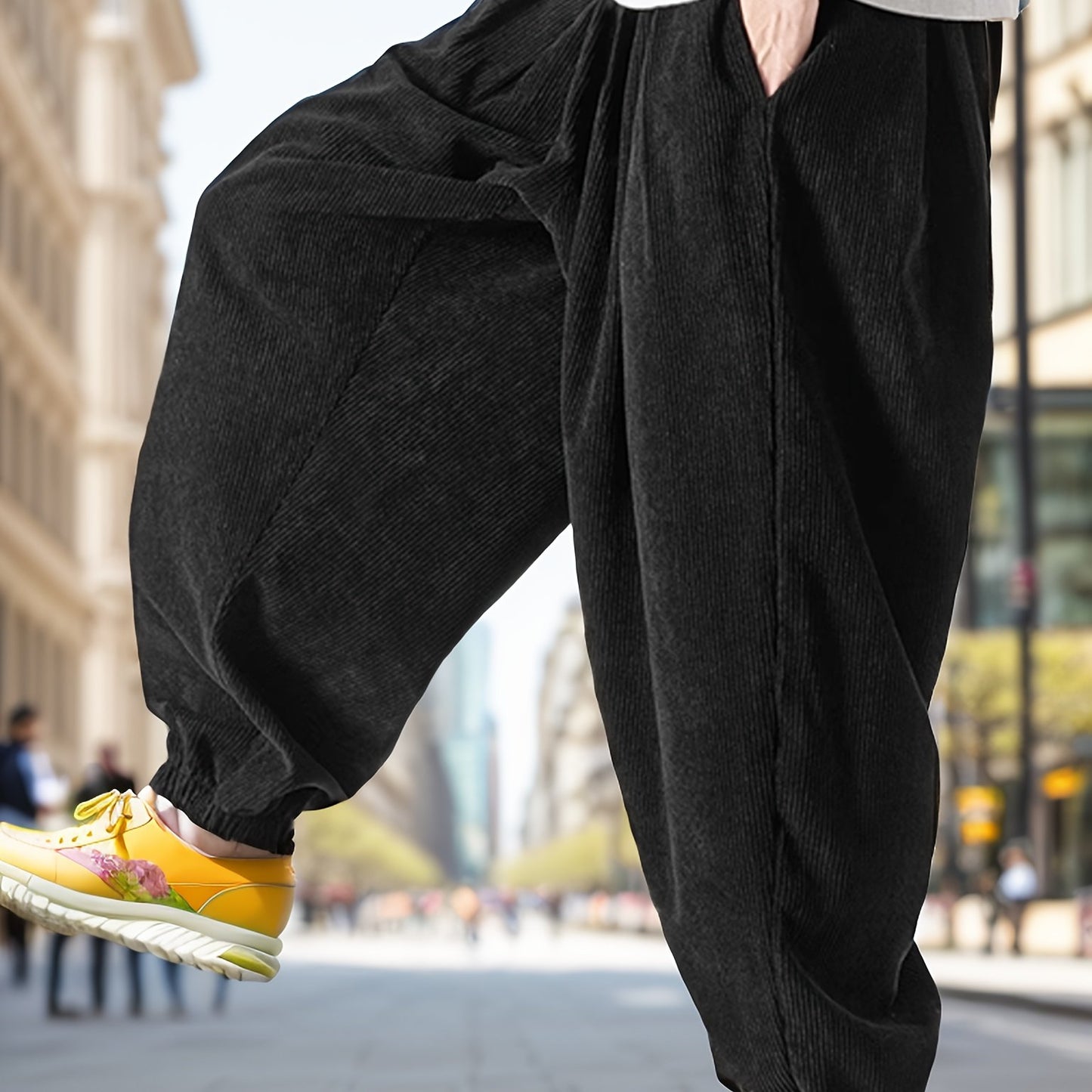 Super Loose Fit Mens Corduroy Trousers - Ultra Comfy Drawstring Harem Pants for Yoga, Streetwear - Soft Polyester, Solid Color, Regular Length, Non-Stretch, Perfect for Spring and Fall Seasons