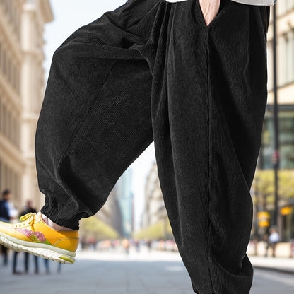 Super Loose Fit Mens Corduroy Trousers - Ultra Comfy Drawstring Harem Pants for Yoga, Streetwear - Soft Polyester, Solid Color, Regular Length, Non-Stretch, Perfect for Spring and Fall Seasons