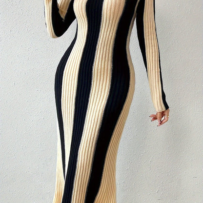 Elegant Striped Bodycon Dress | Fall/Winter Chic Long Sleeve Color Block - Rib-Knit, Crew Neck, Warm Acrylic Blend