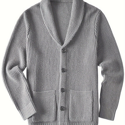 Mens Long Sleeve Green Shawl Collar Solid Color Acrylic Knit Cardigan Sweater with Pocket - Soft, Slight Stretch Fabric, Regular Fit, Placket Closure - Perfect for Fall and Winter Seasons