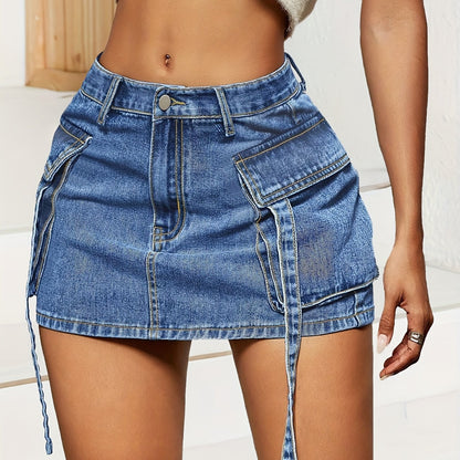 High-Waisted Cargo Denim Skirt for Women - Versatile Mini Design with Trendy Side Pockets, Ideal for Casual Outings - Washed Blue