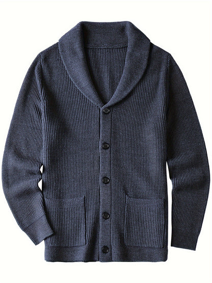 Plus Size Mens Soft Knit Cardigan Sweater - Classic Shawl Collar, Warm and Cozy with Pockets - Elegant Coat Style for Winter and Fall Seasons
