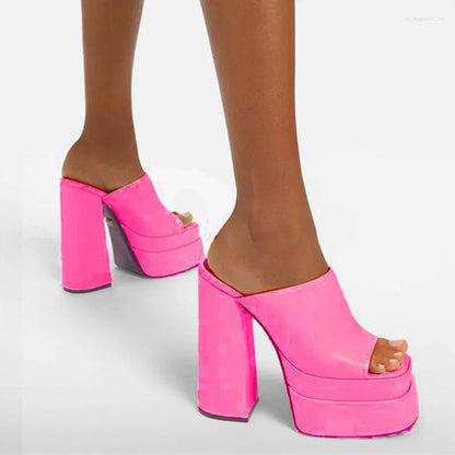 Slippers Shoes Fashion Women Sandals Peep-Toe High-Heeled Thick Sole Chunky Heel High Heels Woman Sexy Slip On