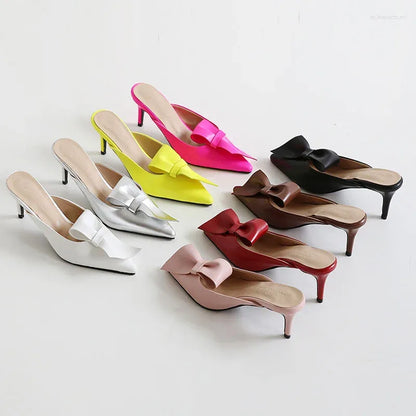 Slippers Tip-toed High-heeled Bow For Women In Summer Wearing Thin-heeled Baotou Semi-slippers Women's Shoes