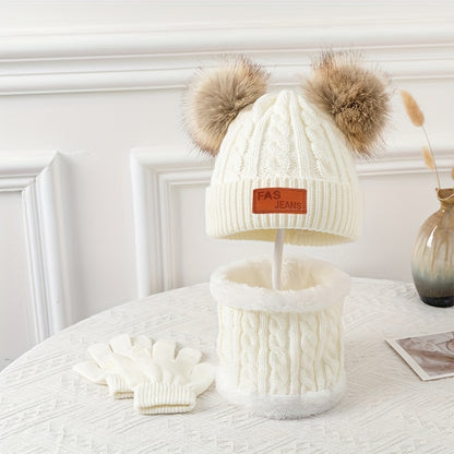 2pcs+1pair Winter Warm Double Fur Ball Knitted Hat, Neck Scarf And Gloves For Winter
