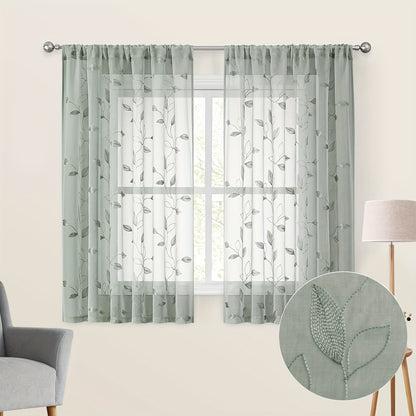 2pcs Sheer Curtains With Embroidery Leaf Pattern, Rod Pocket Faux Linen Floral Semi Curtains Voile Window Curtains Kitchen Curtains, Drapes for Bedroom Living Room