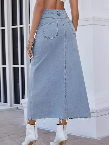 Stretchy Denim Skirt - Flattering A-line Silhouette with Classic Button Front, Trendy Raw Hem, and Ultra-Stretchy Material for Effortless Casual Style - Womens Comfortable Fashion Essential