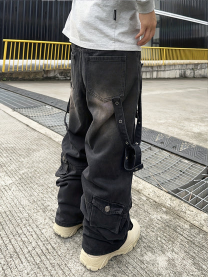 Men's Casual Loose Fit Cotton Denim Cargo Pants - All-Season Wear, Drawstring Waist