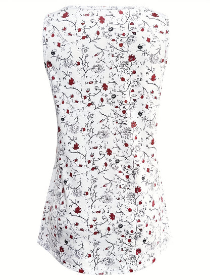 Vibrant Ditsy Floral Print Crew Neck Tank Top - Soft Mid-Elasticity Polyester Knit Fabric, Semi-Sheer, Machine Washable, Perfect for Summer Casual Wear - Womens Clothing