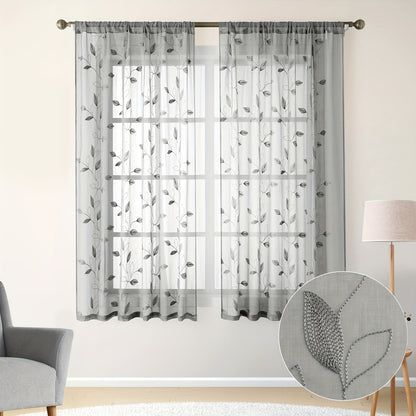 2pcs Sheer Curtains With Embroidery Leaf Pattern, Rod Pocket Faux Linen Floral Semi Curtains Voile Window Curtains Kitchen Curtains, Drapes for Bedroom Living Room