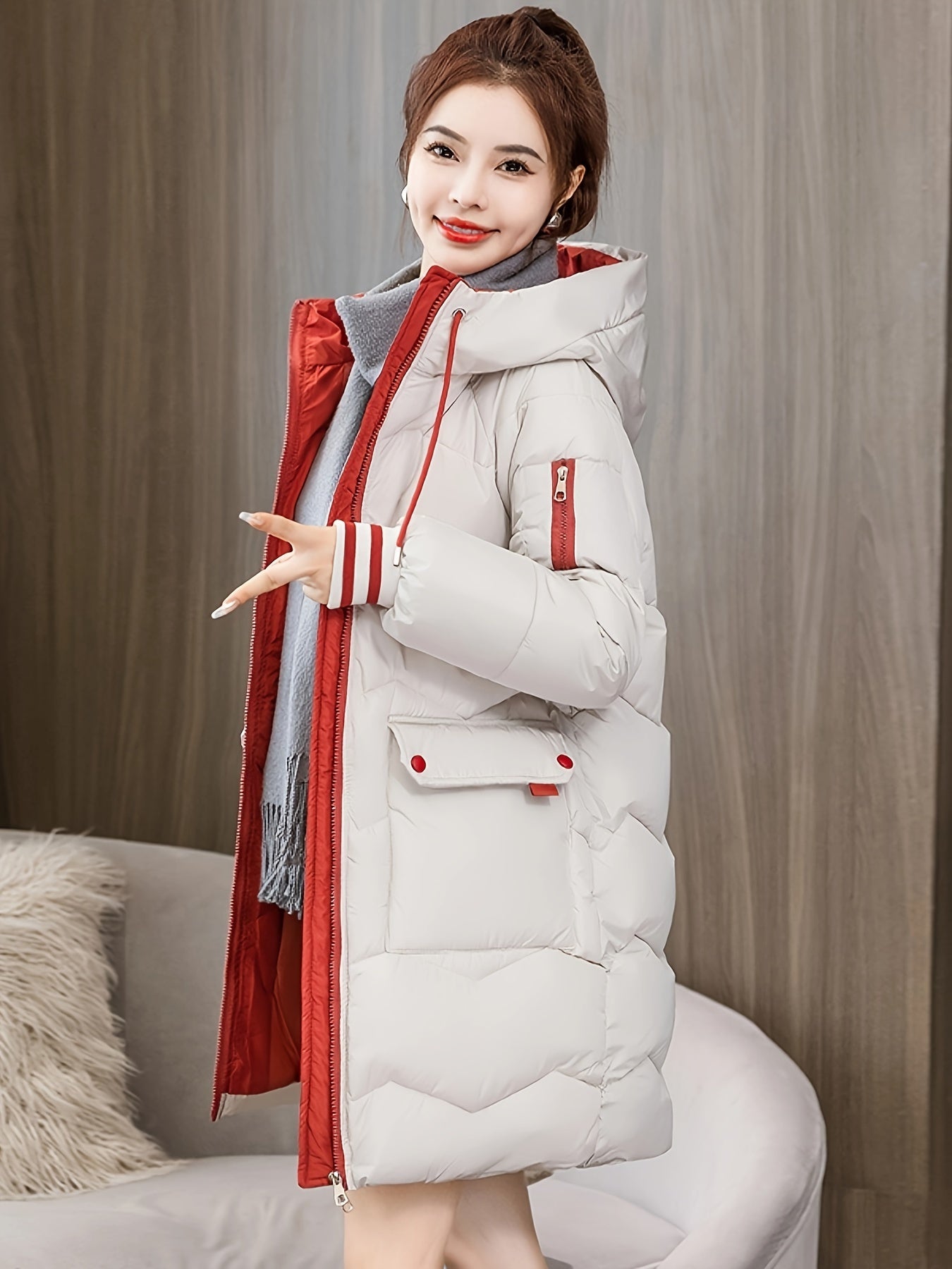 Midi Length Raglan Sleeve Hooded Jacket - Contrast Trim Zipper Front, Flap Pockets, Long Sleeve, Solid Color, Machine Washable, Casual Polyester Outerwear - Womens Clothing
