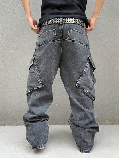 Relaxed Fit Wide Leg Cargo Jeans - Men's Stylish Comfortable Denim Pants for Street Fashion - Loose Fit, Comfy, Fashionable, and Practical