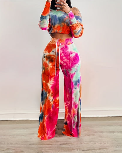 Trendy Tie Dye Two-piece Outfit Set - Soft Long Sleeve Crop Top & Adjustable Drawstring Pants - Casual, Comfortable, and Flattering Womens Clothing