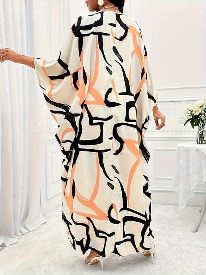 Two-Piece All Over Print Elegant Outfit - V Neck Batwing Sleeve Slit Top & High-Waisted Pants Set - Polyester, Non-Elastic, Woven, Random Print, Suitable for All Seasons