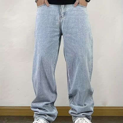 Men's Street Style Loose Fit Denim Jeans - Washed Solid Color Extra Long Straight Leg Trousers, Cotton 75%, Polyester 25%, Non-Stretch, All-Season Woven Fabric