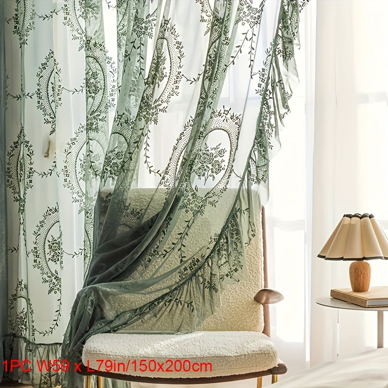 1pc Romantic Vintage Green Floral Embroidery Lace Voile Sheer Curtain - Ruffled Short Window Drapery for Bedroom Office Kitchen Living Room Study - Elegant Home Decor with Soft Filtered Light and Privacy