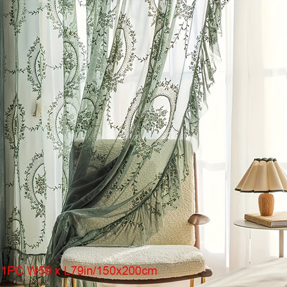 1pc Romantic Vintage Green Floral Embroidery Lace Voile Sheer Curtain - Ruffled Short Window Drapery for Bedroom Office Kitchen Living Room Study - Elegant Home Decor with Soft Filtered Light and Privacy