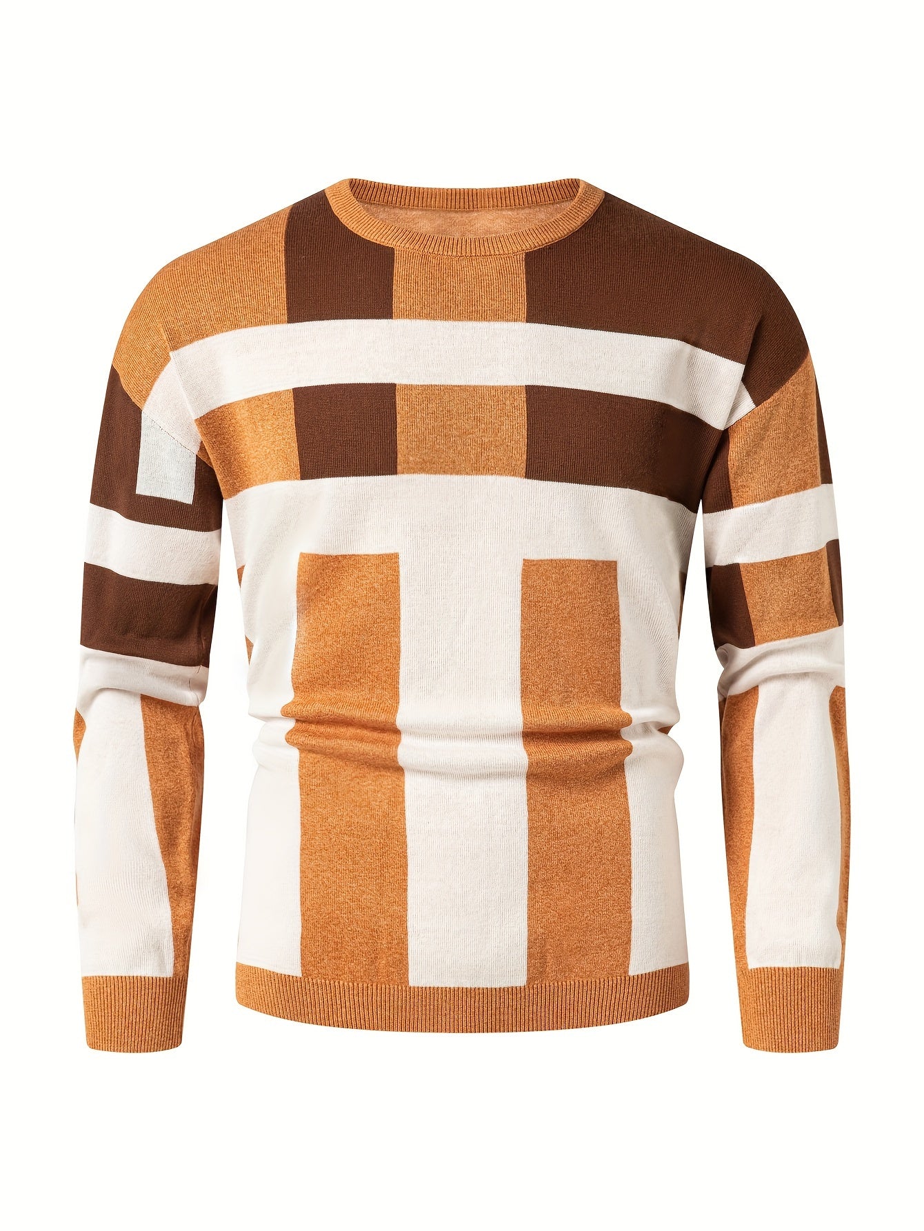 Mens Stylish Color Block Round Neck Stretch Sweater - Soft, Warm, and Trendy Pullover for Winter Outdoor Activities - Perfect for Casual Wear