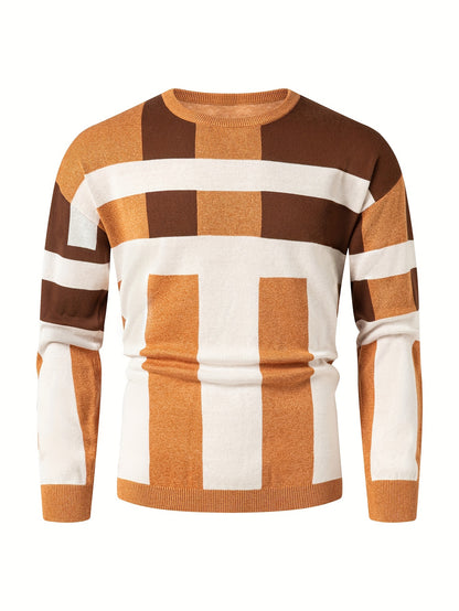 Mens Stylish Color Block Round Neck Stretch Sweater - Soft, Warm, and Trendy Pullover for Winter Outdoor Activities - Perfect for Casual Wear