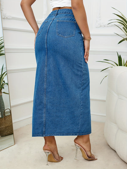 High-Rise Denim Midi Skirt with Asymmetrical Pockets, Sexy Split Thigh, Non-Stretch, Easy-Care - Perfect for Spring to Fall