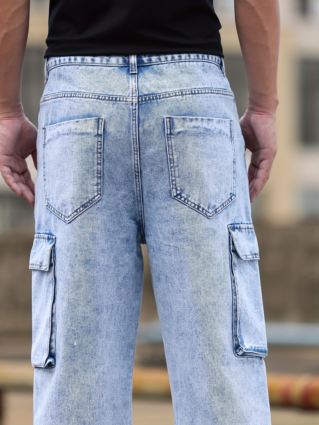 Men's Street Style Cargo Denim Pants, Relaxed Fit Straight Leg Jeans With Side Pockets, Casual Urban Fashion