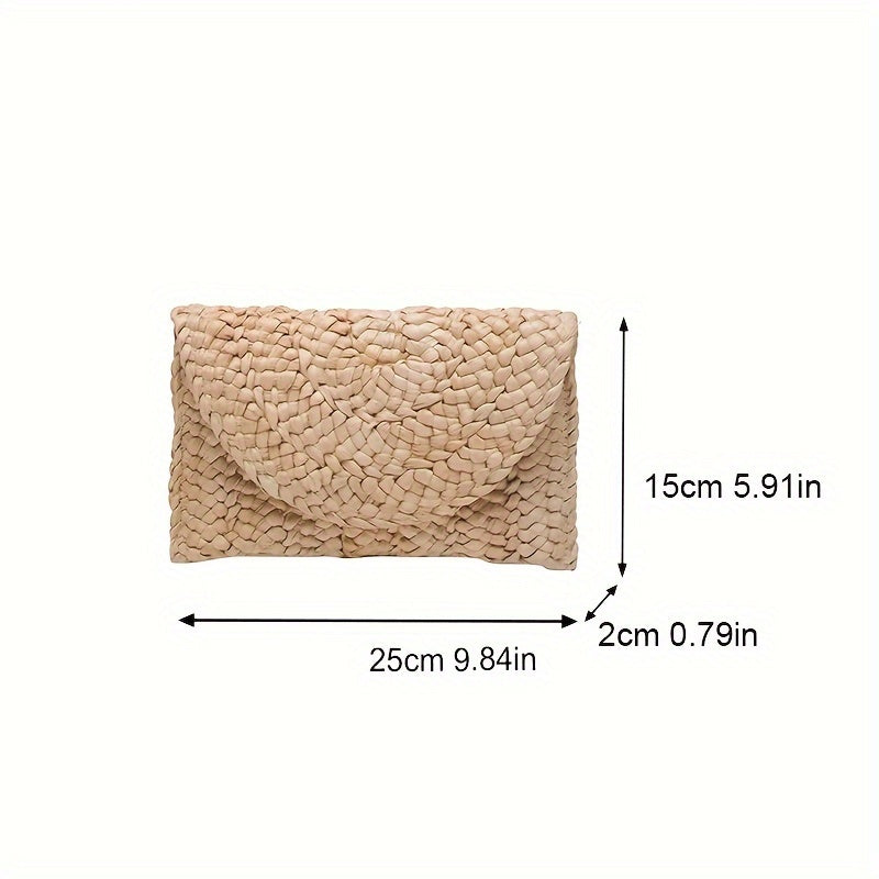 Women's Fashion Flap Envelope Straw Bag, Summer Beach Handmade Wallet, Clutch Solid Color Travel Wallet