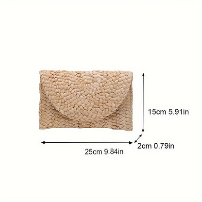 Women's Fashion Flap Envelope Straw Bag, Summer Beach Handmade Wallet, Clutch Solid Color Travel Wallet