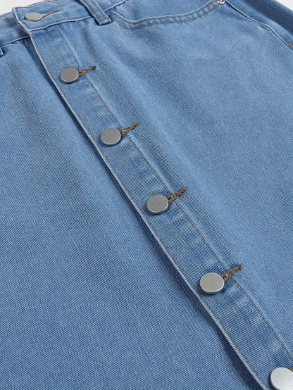 High-Waisted Relaxed-Fit Denim Skirt - Button-Up Front Closure, Comfortable High-Quality Denim Material - Vibrant Blue Color, Womens Casual Fashion Essential