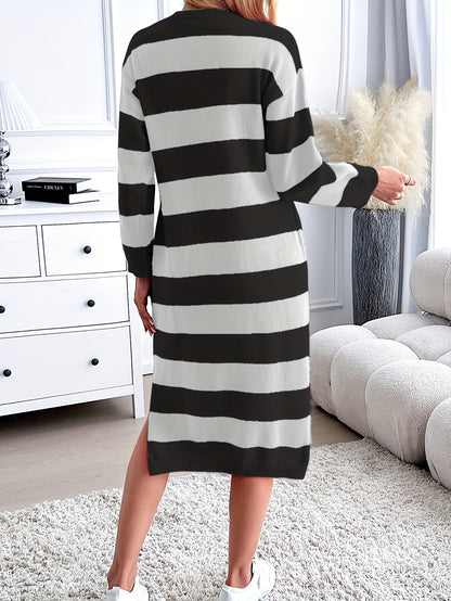 Cozy Stripe Pattern Long Sleeve Knit Dress - Soft Crew Neck, Split Hem, Loose Fit, Winter & Fall Essential - Women's Casual Clothing for Everyday Wear