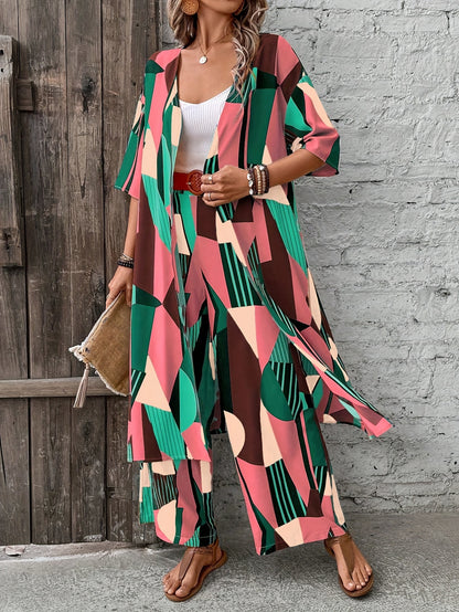 Chic Geometric Print Womens Pantsuit Set - Open Front Long Shirt & Wide Leg Pants - Stylish Casual Outfits for Fashion-Forward Ladies