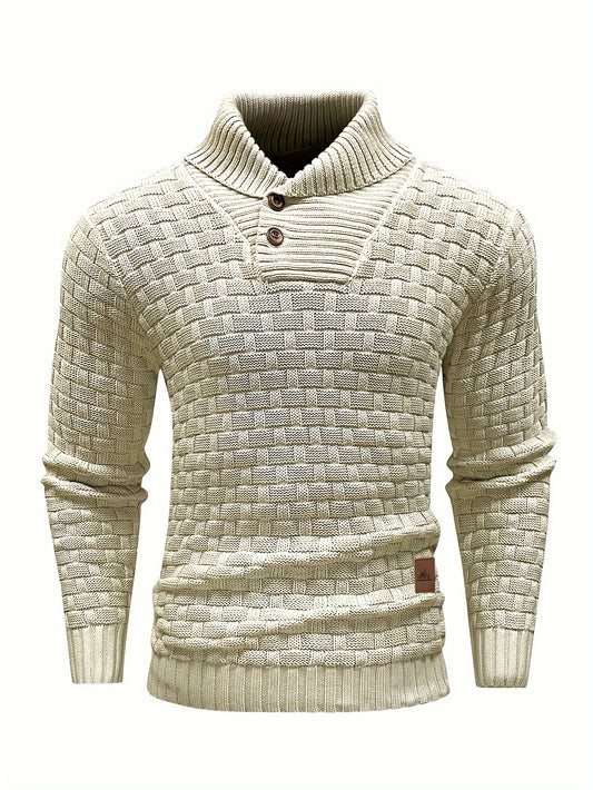 Mens Classic Waffle Knit Shawl Collar Sweater - Stylish Button Detail, Comfort Fit Pullover for Office to Everyday - Soft, Versatile & All-Season Wear