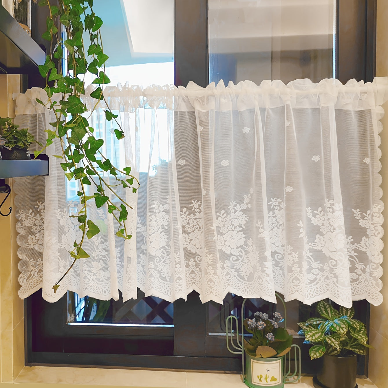 1pc Lace Small Curtain Flower Cafe Curtain, Simple And Sweet Small Window Curtain, Rod Pocket White Window Curtain Suitable For Kitchen And Dining Room, Window And Door Decoration, Cabinet Curtain Home Decor