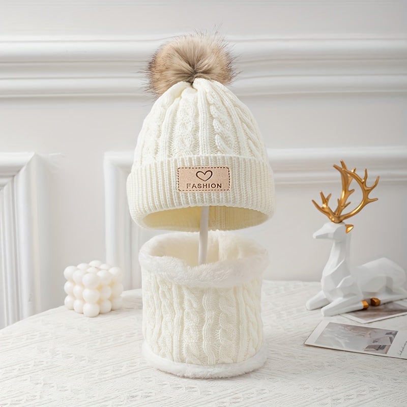 2pcs Warm Pom Pom Knitted Hat And Scarf Set For Boys And Girls