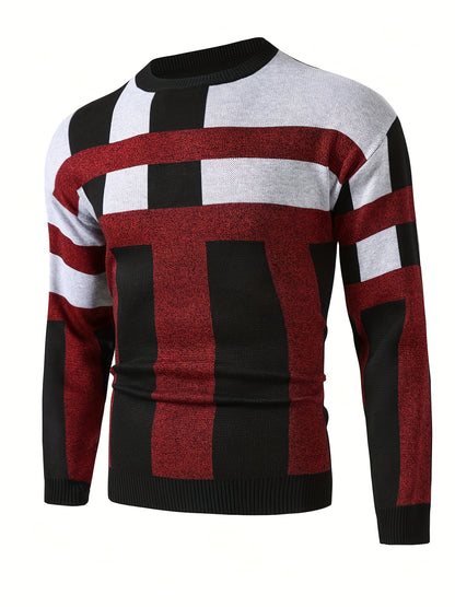 Mens Stylish Color Block Round Neck Stretch Sweater - Soft, Warm, and Trendy Pullover for Winter Outdoor Activities - Perfect for Casual Wear