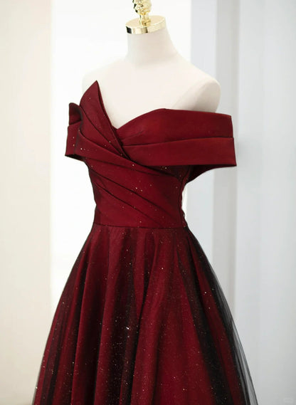 LOVECCRA-line Off Shoulder Wine Red Tulle Long Party Dress, Wine Red and Black Prom Dress