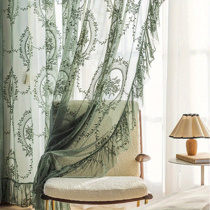 1pc Romantic Vintage Green Floral Embroidery Lace Voile Sheer Curtain - Ruffled Short Window Drapery for Bedroom Office Kitchen Living Room Study - Elegant Home Decor with Soft Filtered Light and Privacy