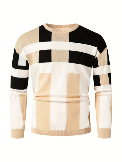 Mens Stylish Color Block Round Neck Stretch Sweater - Soft, Warm, and Trendy Pullover for Winter Outdoor Activities - Perfect for Casual Wear