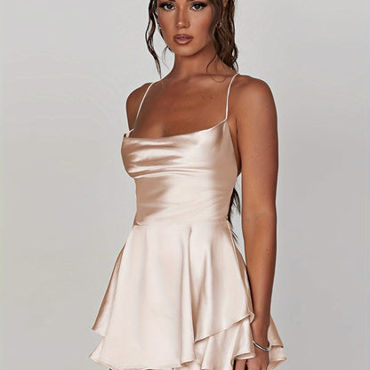 Mini Backless Ruffle Slingback Dress - Elegant Square Neck, High Elasticity Polyester, Solid Color, Knit Fabric, Perfect for Coquette Y2K Style Party Dressing - Womens Clothing for All Seasons