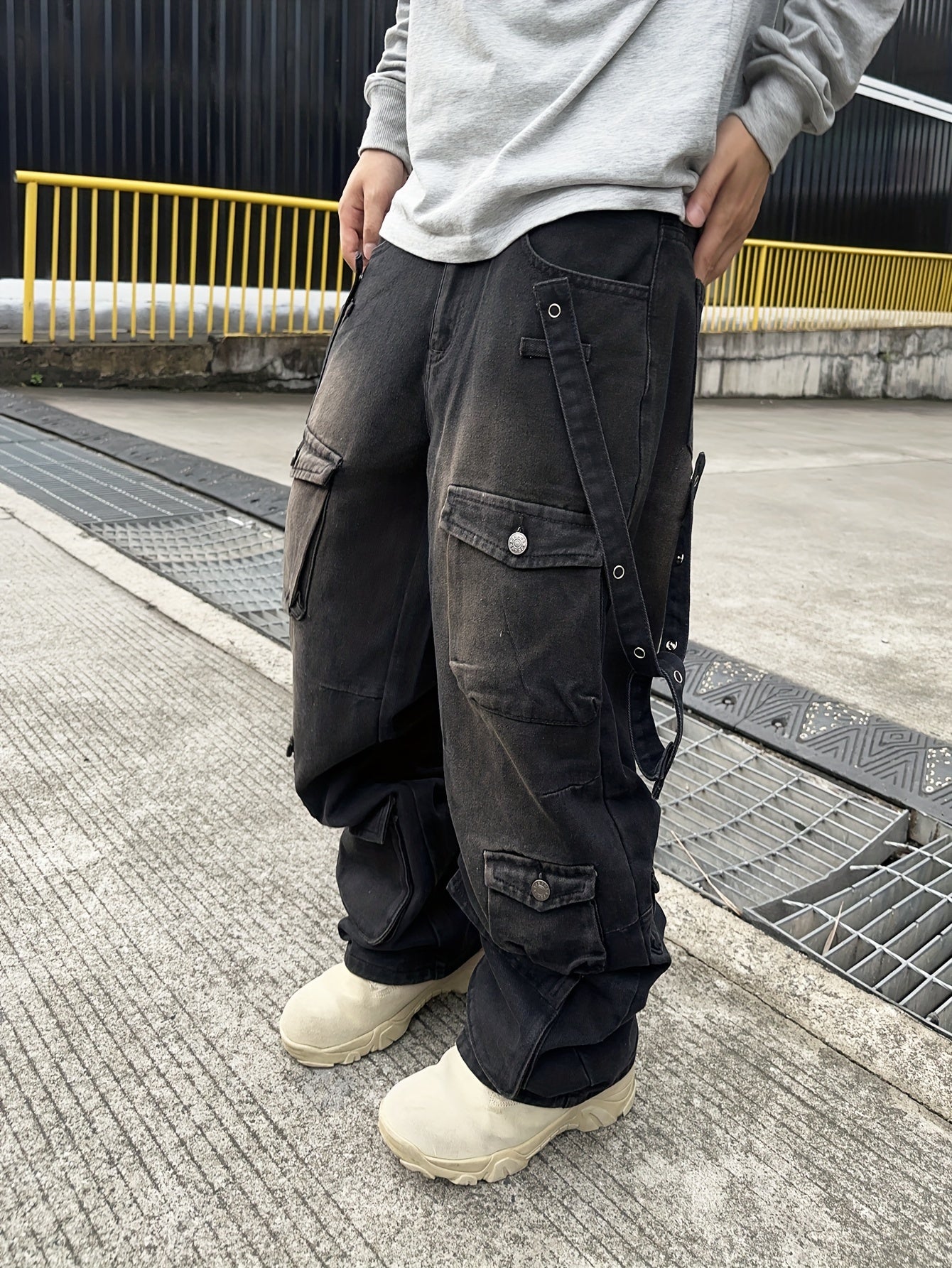 Men's Casual Loose Fit Cotton Denim Cargo Pants - All-Season Wear, Drawstring Waist
