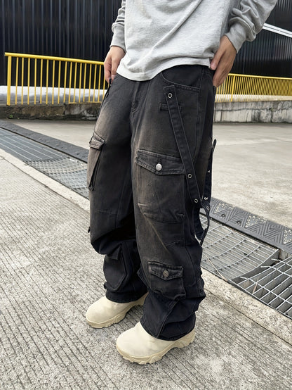 Men's Casual Loose Fit Cotton Denim Cargo Pants - All-Season Wear, Drawstring Waist