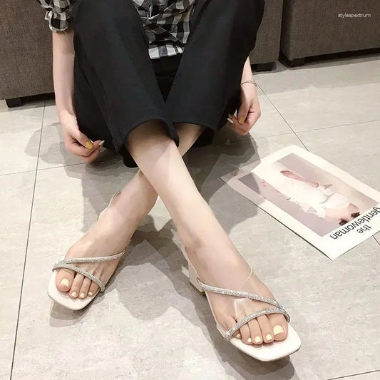 Slippers Summer Women's Thick Heel Korean Version Simple Fashion Transparent Sandals Wear Square Head Half Outside