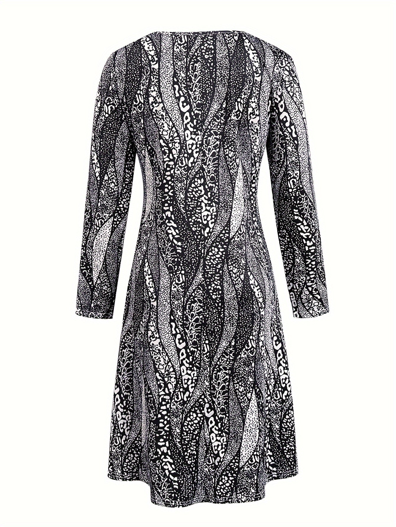 Long Sleeve A-Line Peplum Dress - Soft Micro Elasticity Dacron and Spandex Blend, Machine Washable, Crew Neck, Random Motif Cachemire Printing, Perfect for Fall and Winter Vacation - Womens Elegant Crew Neck Dress for Spring and Fall Season