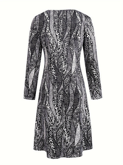 Long Sleeve A-Line Peplum Dress - Soft Micro Elasticity Dacron and Spandex Blend, Machine Washable, Crew Neck, Random Motif Cachemire Printing, Perfect for Fall and Winter Vacation - Womens Elegant Crew Neck Dress for Spring and Fall Season
