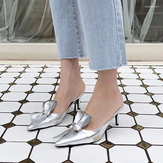 Slippers Tip-toed High-heeled Bow For Women In Summer Wearing Thin-heeled Baotou Semi-slippers Women's Shoes