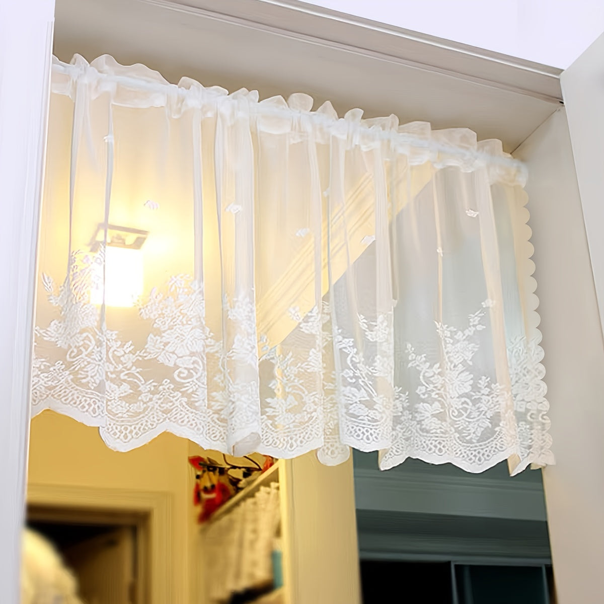 1pc Lace Small Curtain Flower Cafe Curtain, Simple And Sweet Small Window Curtain, Rod Pocket White Window Curtain Suitable For Kitchen And Dining Room, Window And Door Decoration, Cabinet Curtain Home Decor