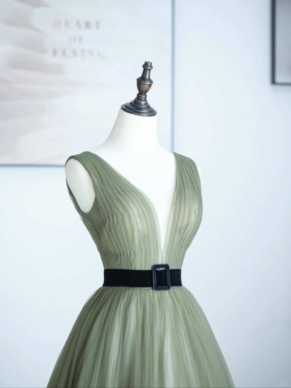 LOVECCRLight Green A-line Tulle V-neckline Long Formal Dress, A-line Floor Length Prom Dress