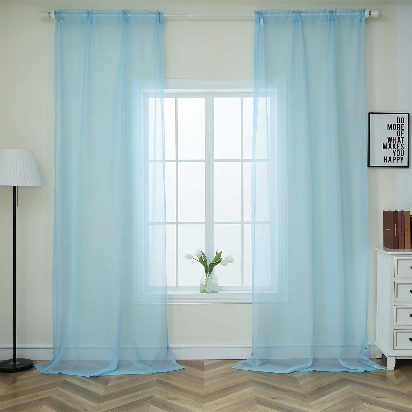4-piece Pure Color Light Blue Translucent Filter Tulle Curtains, Hanging On The Top, Comfortable And Soft Material, Translucent, Suitable For Bedroom And Living Room