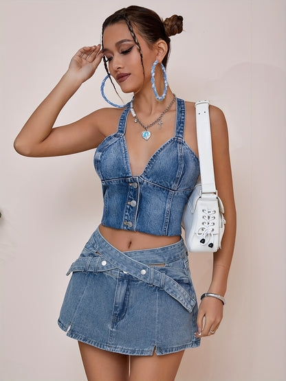 Mini Crisscross Belt Split Hem Denim Skirt - Stylish, Premium Denim, Vibrant Hot Washed Blue, Trendy Design, Comfortable, Chic - Womens Fashion Denim Jeans & Clothing